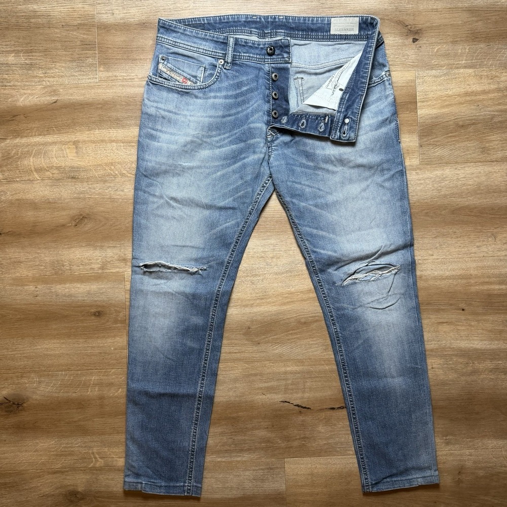 Diesel Sleenker Jeans Men 32x26 Blue Slim Skinny Stretch Denim Distress (Hemmed)